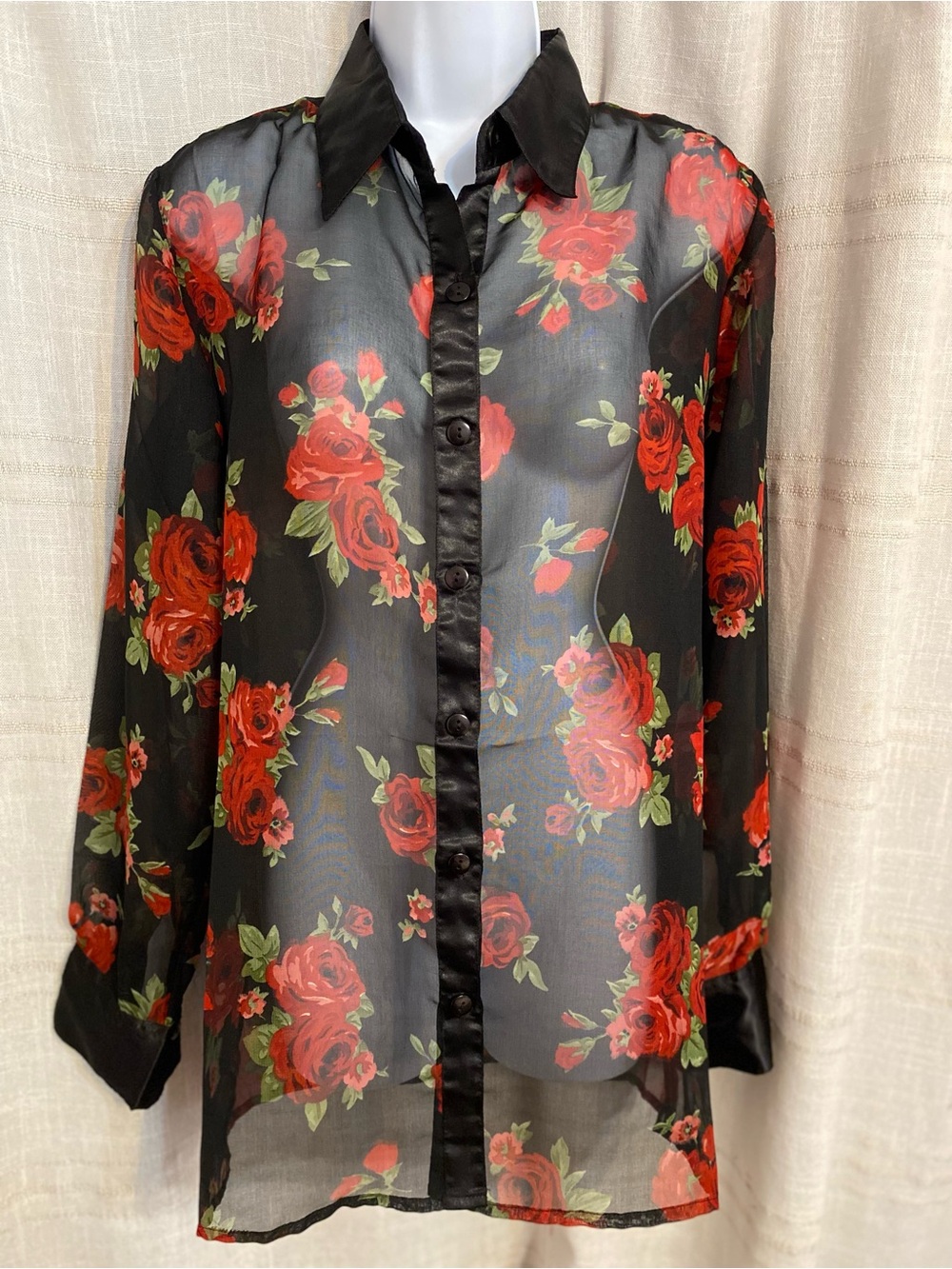 VTG Cassee's Black Sheer Red Rose Floral Satin Trim Button Up Blouse L